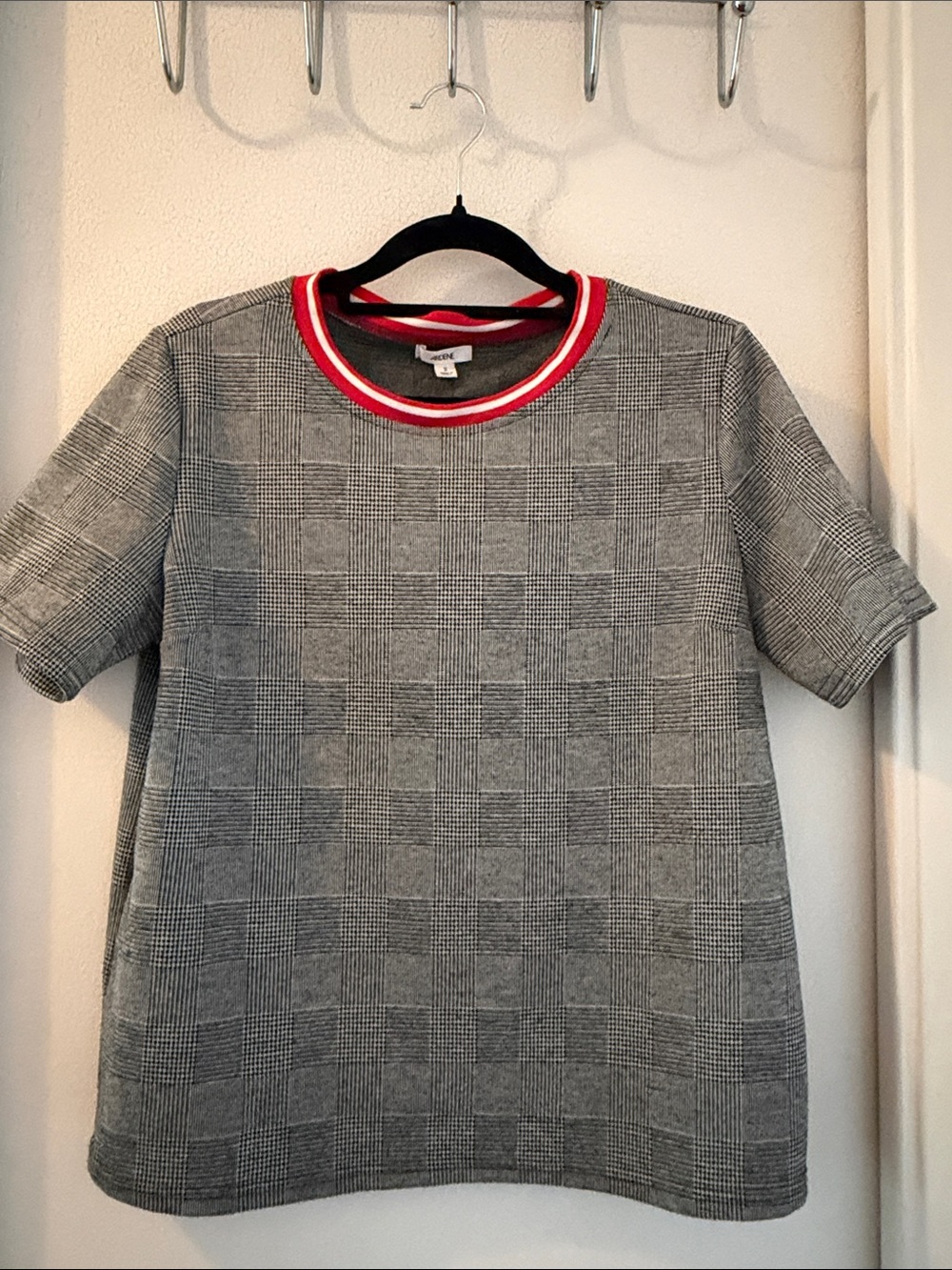 Ardene Grey Checked Short Sleeve Shirt with Red Trim